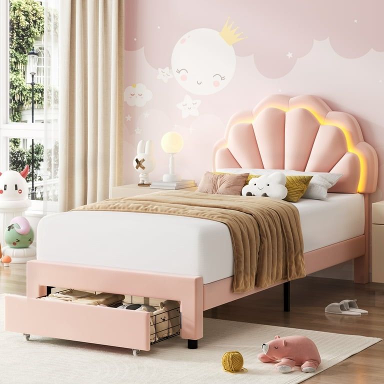 Twin Size LED Bed Frame with Drawer, Velvet Upholstered Platform Bed with Adjustable Petal Headboard for Kid, Pink