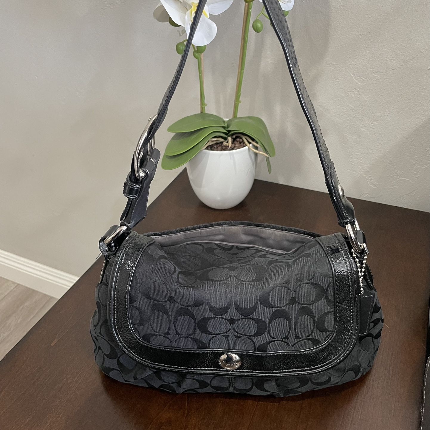 COACH Soho Pleated Shoulder Bag in Signature Black Monogram Canvas 