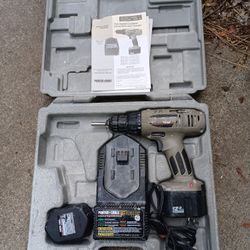 Porter-Cable drill with two 14.4V batteries and a charger ($25), and Drill Master with 3/ 8" chuck 12V battery