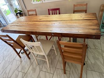 Rustic dining room table or work bench + 6 chairs