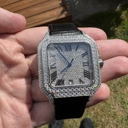 Silver VVS1 Moissanite Automatic Watch – Roman Numeral Dial, Black Leather Band, Presidium Diamond Tester Approved, GRA Certified