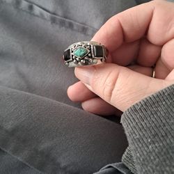.925 Sterling Silver Garnet, Black Onxy, Turquoise Ring 