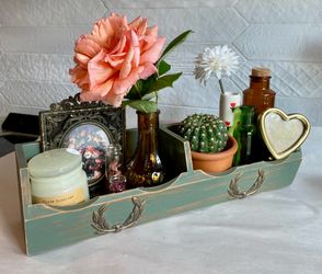 Upcycled Rustic Green Wooden Wall Shelf with Brass Accents