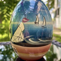 Vintage Wooden Lacquered, Egg Shape, Beach Scene With Lighthouse And Sailboat