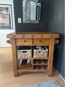 Solid Wood Rustic Kitchen Island / Console w/ Drawers & Wine Rack