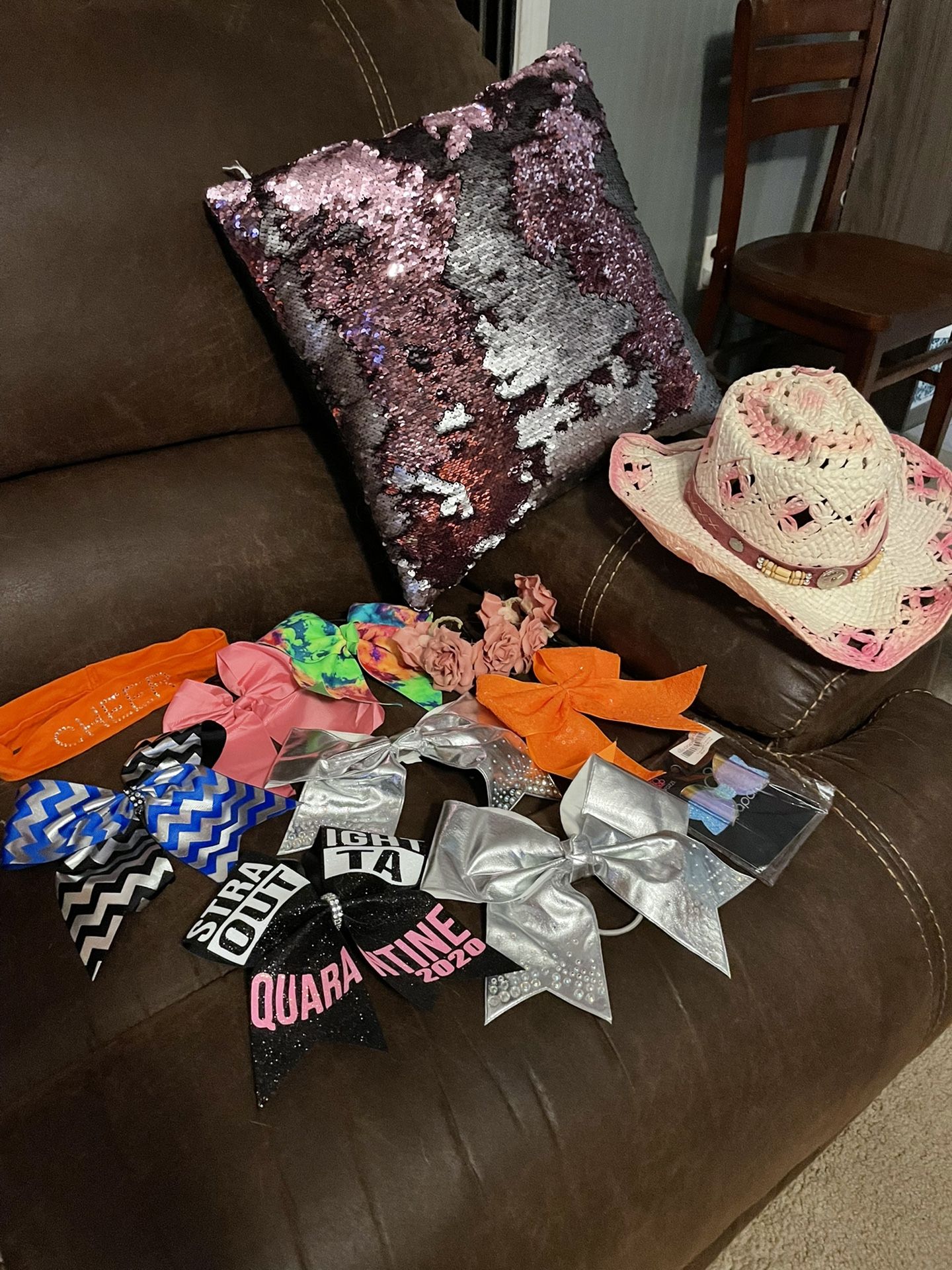 REDUCED Lot Of Hair bows, Headbands, Pink Cowgirl Hat, Pink And Silver Sequin Pillow 