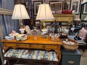 Pair of Gold Metal & White Glass Lamps