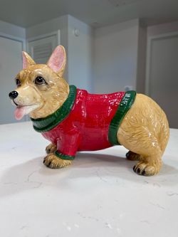 Blue Sky Ceramic Corgi Dog with Red & Green Sweater Figurine
