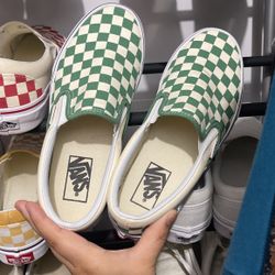 Checkered Green Slip On Vans 7.5 Womens