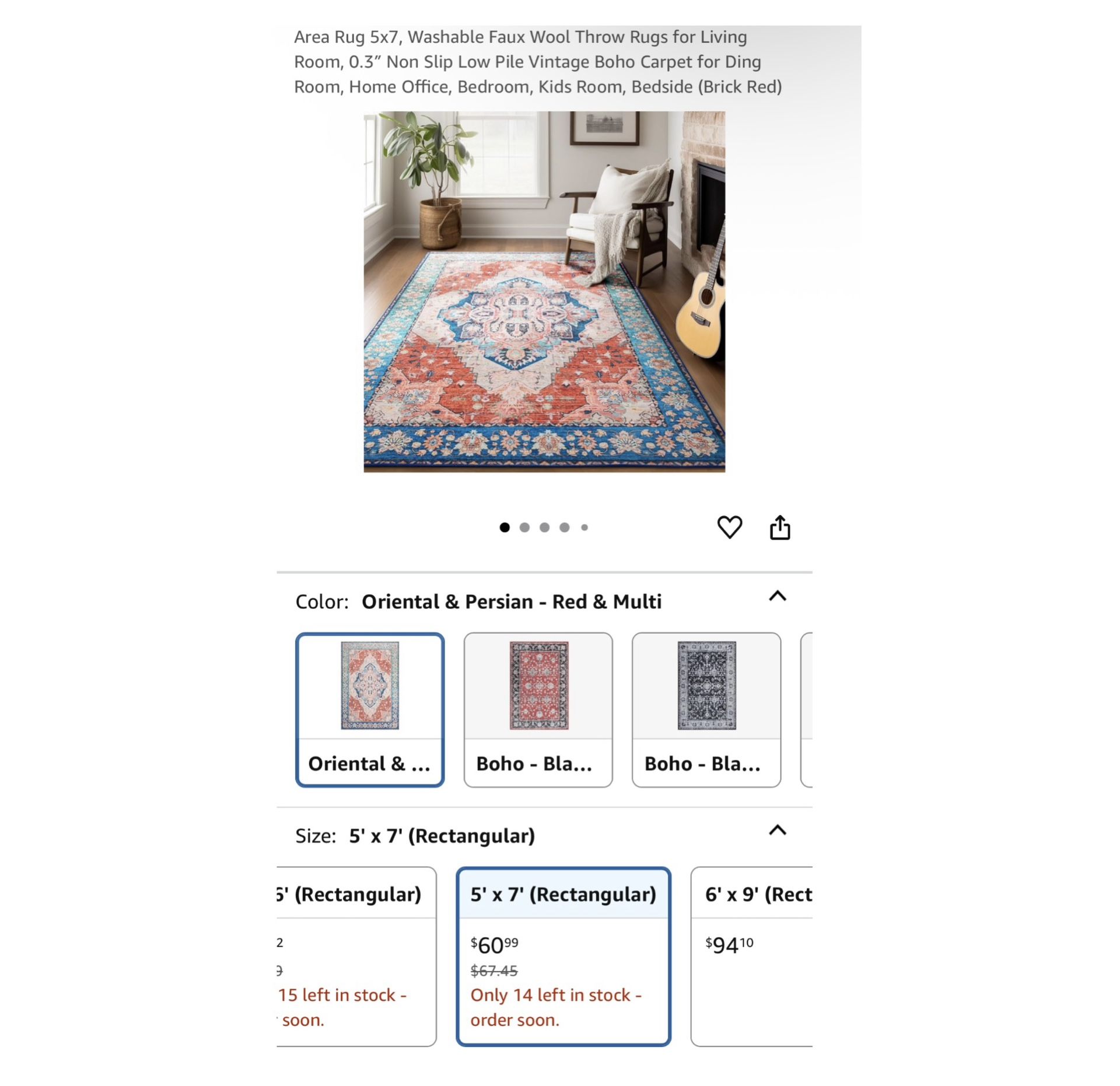 Brand new Area Rug 5x7, Washable Faux Wool Throw Rugs for Living Room, 0.3″ Non Slip Low Pile Vintage Boho Carpet for Ding Room, Home Office, Bedroom,