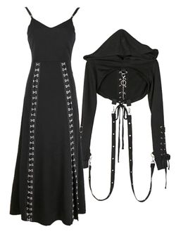 Women’s Black Gothic Punk 2-Piece Set – Maxi Split Dress with Hooded Sweatshirt, Harajuku Streetwear