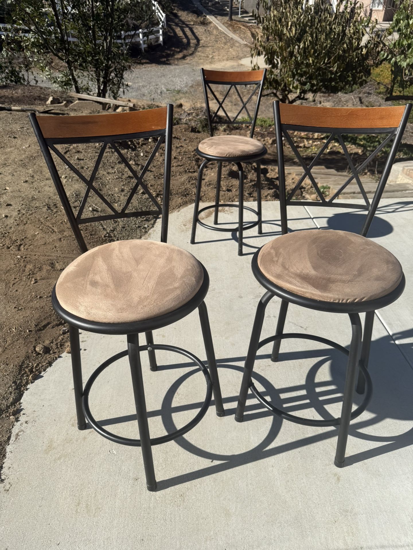 3 Rustic Brown Swivel Upholstered Bar Stools 