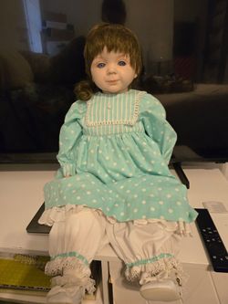 Porcelain Girl Doll in Teal Polka Dot Dress