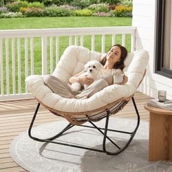 Arlopu Oversized Outdoor Papasan Rocking Chair, Heavy Duty Wicker Egg Lounge Chair with Cushion, Large Indoor Rocking Recliner for Living Room/Porch/G