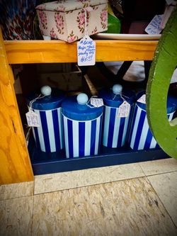 Blue and White Striped Canister Set