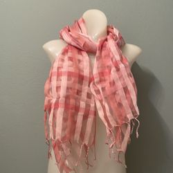 Pink Sheer Plaid Scarf with Fringed Ends