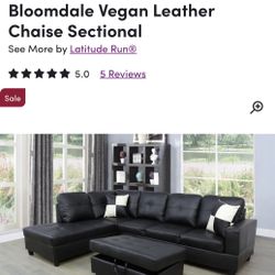 Leather All Black Sectional With Ottoman