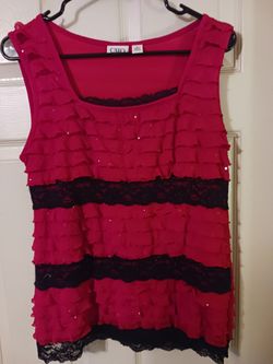 Cato Red Ruffle Sleeveless Top with Black Lace sz medium
