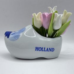 Vintage Holland Delft Shoe Planter with Tulips