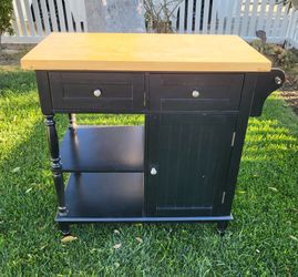 Black Kitchen Island / Rolling Cart with Butcher Block Top
