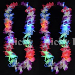 12 Leis Hawaiian LED Luau Light Up Necklaces Flashing Rave Flower Vacation