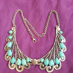 Jewelery Silver and Turquoise Bib Style  Necklace.  F11