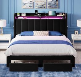 Full Size Upholstered Platform Bed Frame with 2-Tier LED Storage Headboard & 2 Storage Drawers, USB & Type-C Charging Ports, Noise-Free/No Box Spring 
