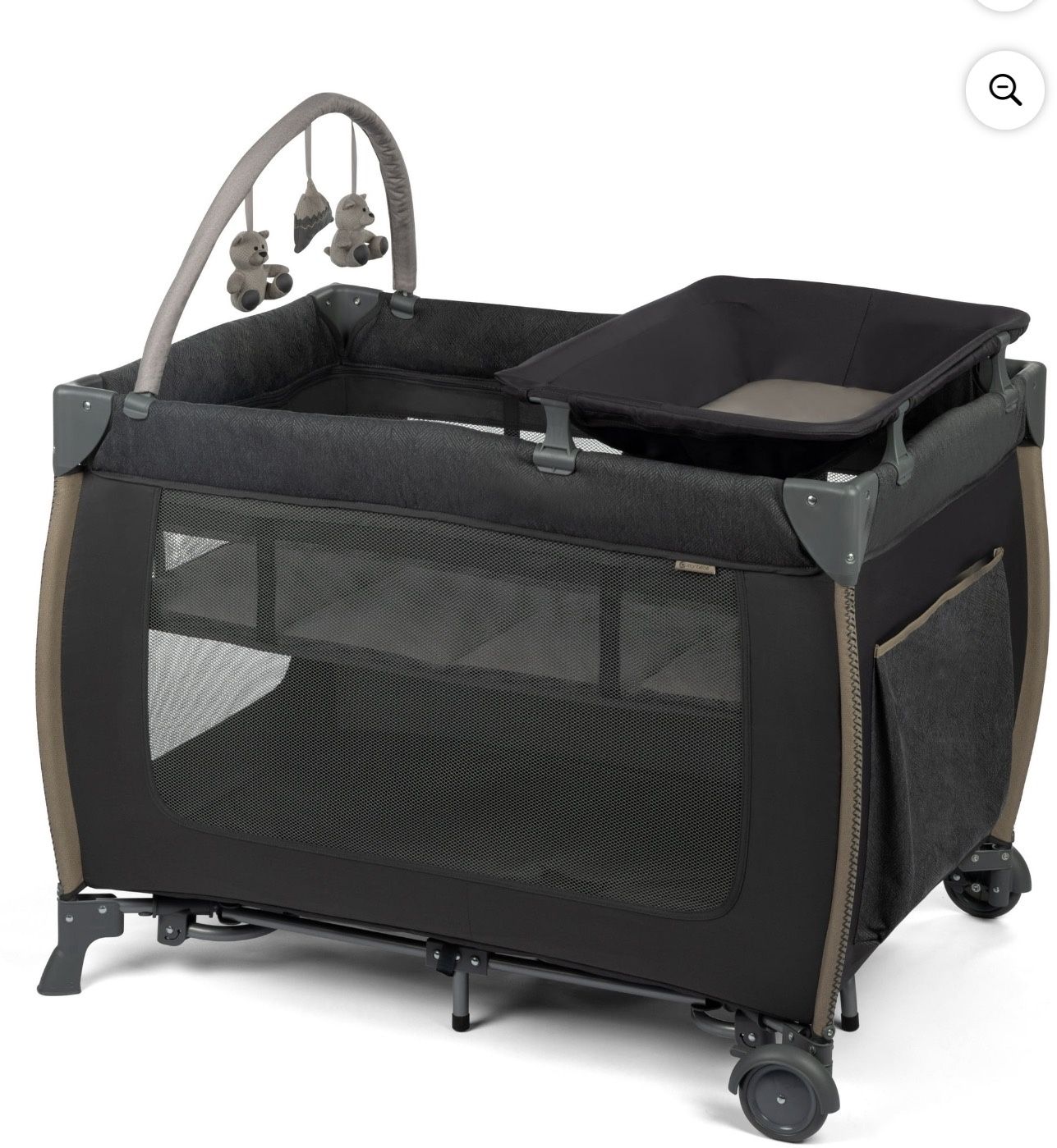 Monbebe Play Yard – Full-Size Rocking Bassinet, Removable Changer & Toy Bar – Castle Point