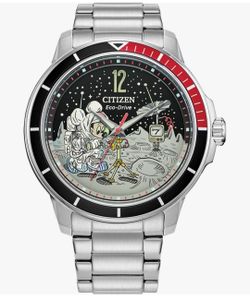 Citizen Eco-Drive Men's Mickey Astronaut Stainless Steel Watch, Red and Black Bezel, (Model: AW1709-54W