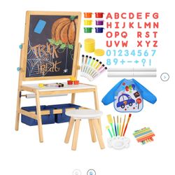 NEW Multifunctional Kid Easel, 2 in 1 Wooden Art Easel & Desk w/Stool, Flipped Dual-Sided Magnetic Chalkboard & Whiteboard for 3-7 Yrs **FIRM**