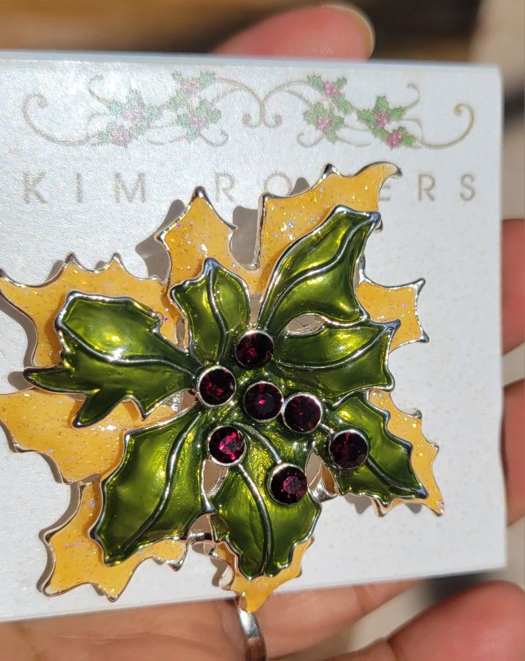 Kim Rogers Enamel & Rhinestone Brooch Pin Signed KC on Back Size 2.25"