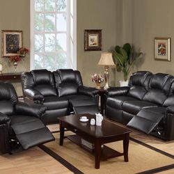 2-Pc Black Leather Reclining Sofa And Love Seat - Available In Brown