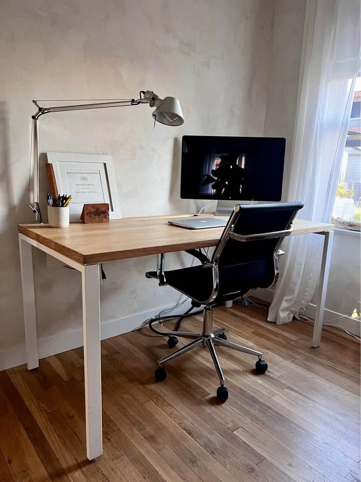 Custom Office Desk - Solid Wood with White Steel Legs