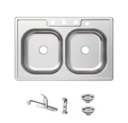 Glacier Bay 33 in. Drop-In 50/50 Double Bowl 20 Gauge Stainless Steel Kitchen Sink with Faucet and Sprayer@pal-234