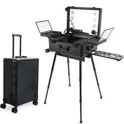 COYEUX Estuche profesional de maquillaje rodante, 3 en 1, estuche de maquillaje de aluminio con cerradura profesional, con luz LED y pata de soporte, 