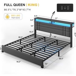King Size Bed Frame With Header And Footer, Mattress, Box Spring, And Two Side Tables