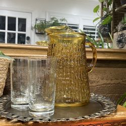 Vintage Harvest Gold Amber Bronze Textured Glass Jug Pitcher MCM Retro Barware Decor 