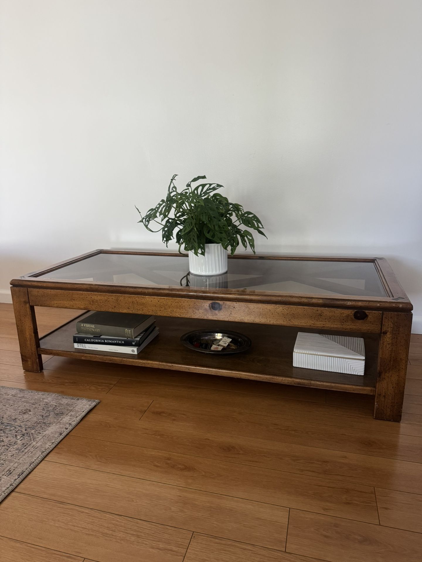 Large Oak Wood and Smoked Glass Coffee Table