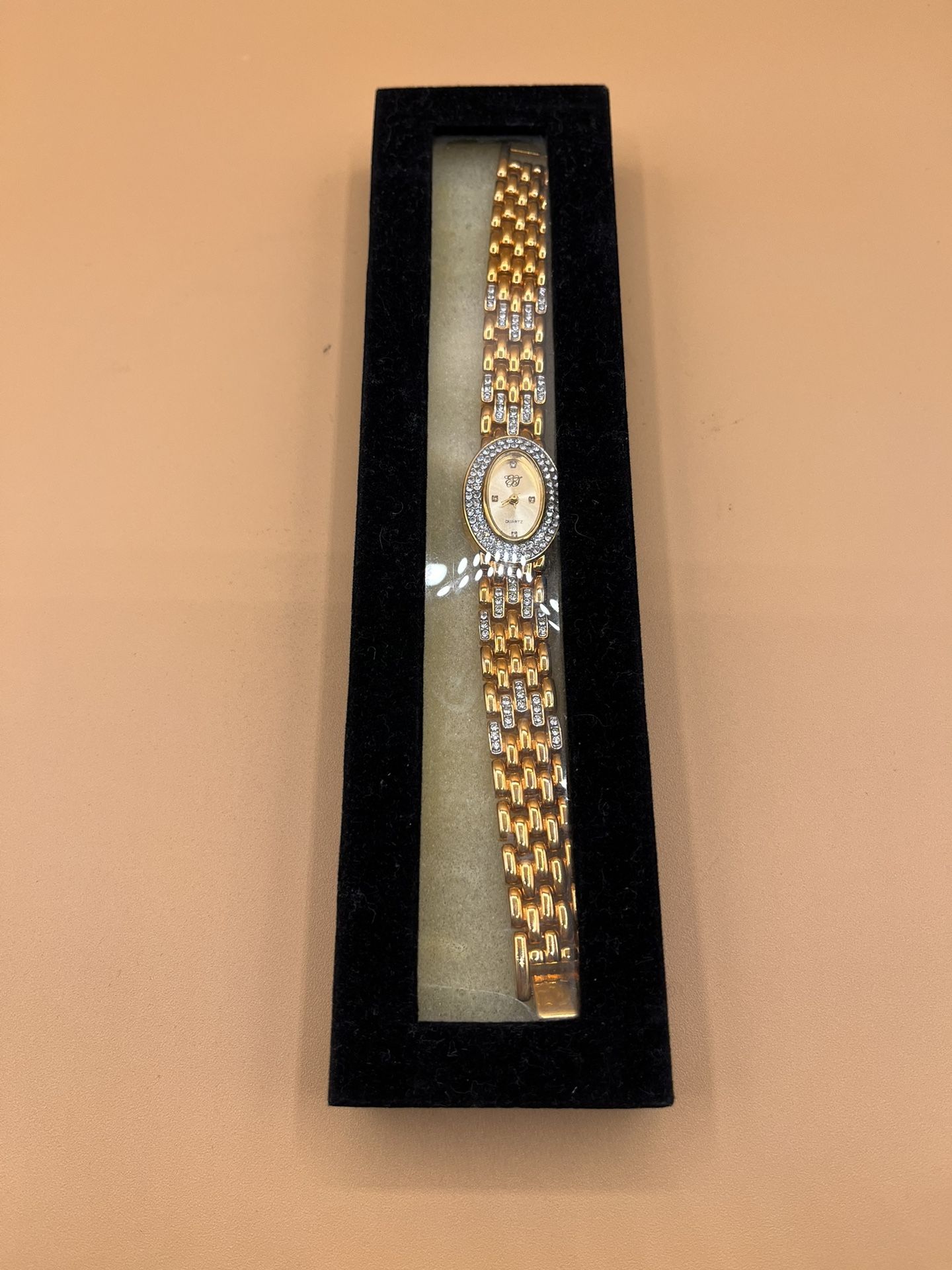 EJ Ladies Quartz Watch With Rhinestones Oval Face Gold Tone