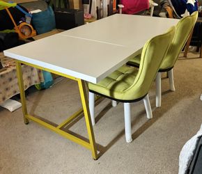 Upscale Modern Dining Set - White Premium Wood Table + Olive Velvet Chairs (Set Of 4) w/ Gold Frame (6-Piece)