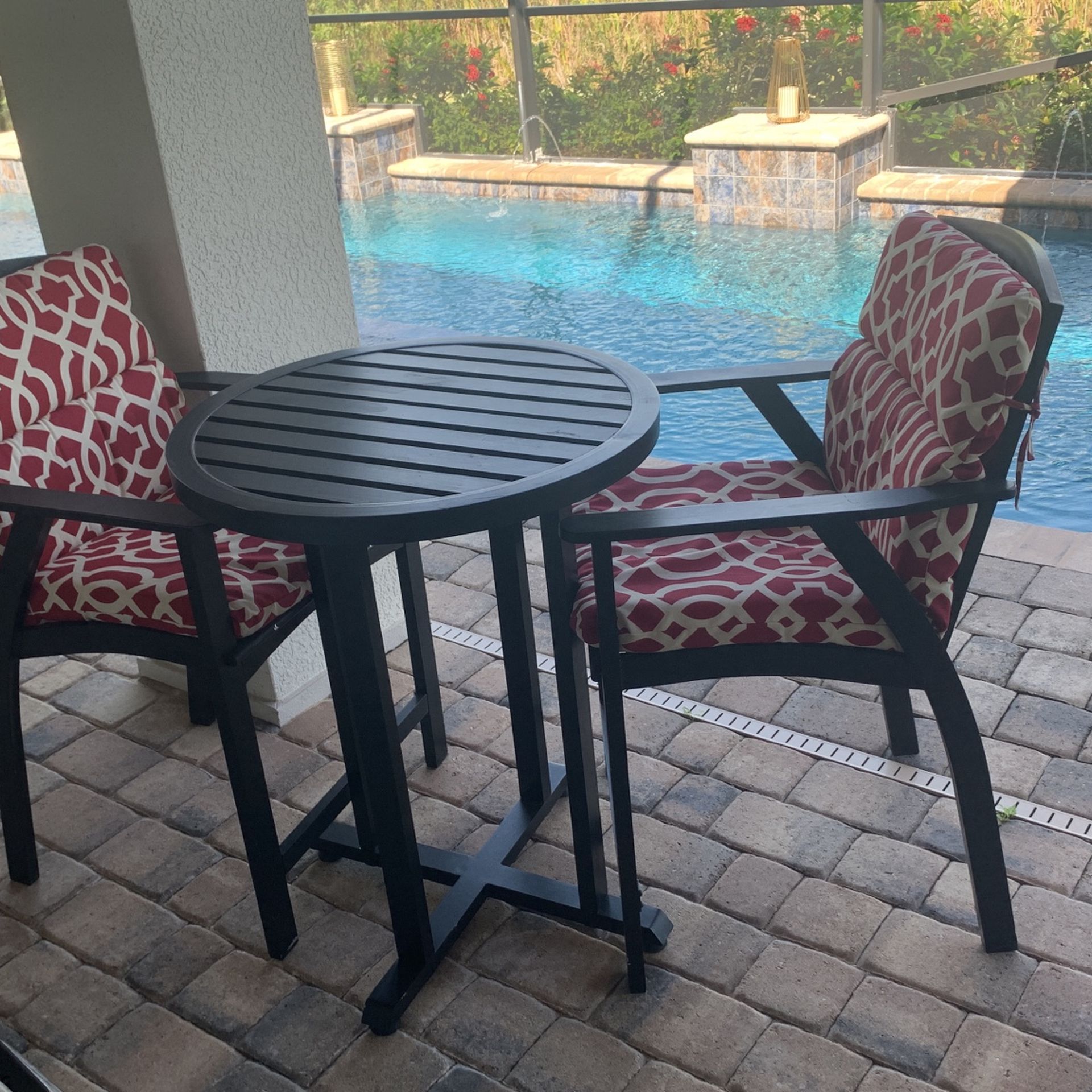 Table With Two Chairs Outdoor Set In Black With Red Cushions