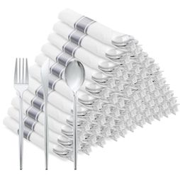 SUT 100 Pack Pre Rolled Silverware Set Disposable, 400 Pcs Silver Plastic Utensils Include 100 Forks, 100 Knives, 100 Spoons, 100 Napkins, Plastic Cut