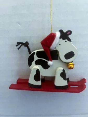 Vintage Avon Holly Jolly Cow Wood Christmas Ornament Skiing Cow