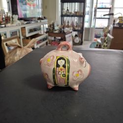 Hand-painted Ceramic Mexican Folk Art Piggy Bank With Image Of The Virgin Of Guadalupe 5"L X 4.75"H