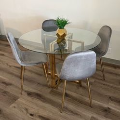 Gray Gold Circle Glass Dining Table and 4 Velvet Chairs