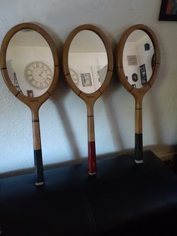 WOODEN TENNIS RACKET MIRRORS WITH ANTIQUE CHARM, ASKING $15 EACH (OR $30 FOR ALL 3)