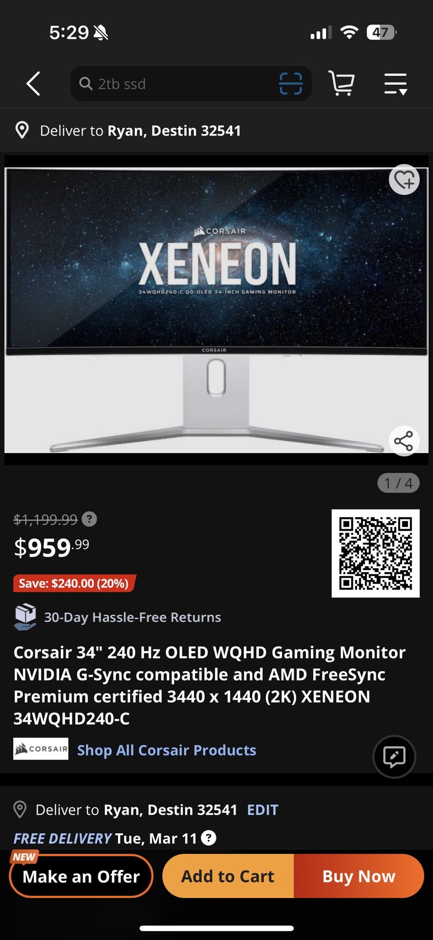 Corsair Gaming Monitor PC 240hz 34” OLED