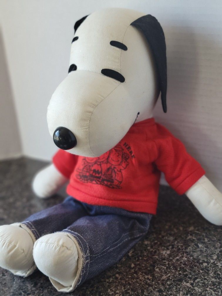 Vintage 1966 Peanuts 8" Snoopy Plush Figure Rag Doll - Denim Pants Red Shirt