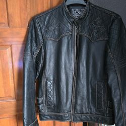 Men Affliction black premium distressed leather jacket - medium 