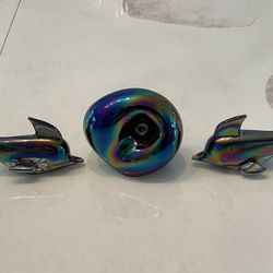 Iridescent Oblong Paperweight & 2 Glass Dolphin Figurines